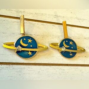 Blue & Goldtone Cosmic Moon, Stars, Saturn Universe Planet, Celestial Earrings